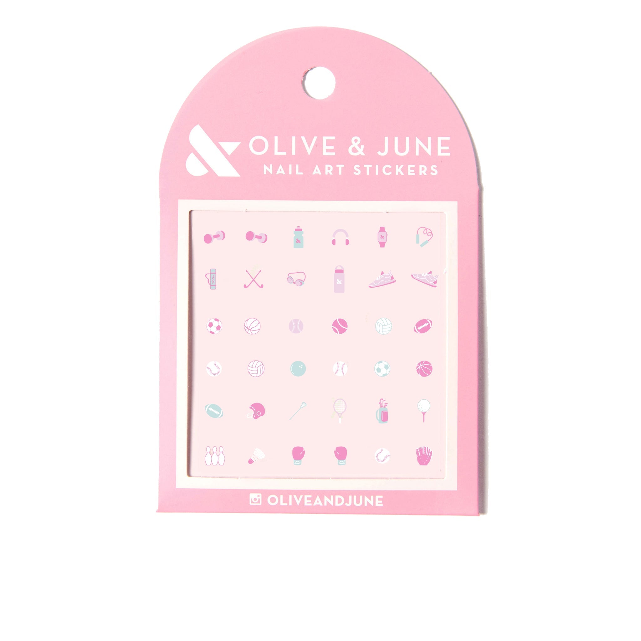 Olive and June Sports Pack nail art stickers featuring mini tennis, basketball, soccer, and sporty accessories for manicures