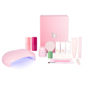 Summer Gel Mani System with LED lamp, gel polish bottles, nail care products, and manicure tools in soft pink tones