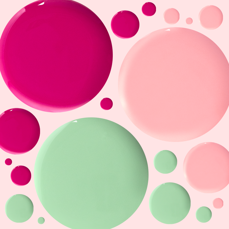 Three fresh gel polish shades in pink, magenta, and mint displayed as drops for Summer Gel Mani System by Olive and June