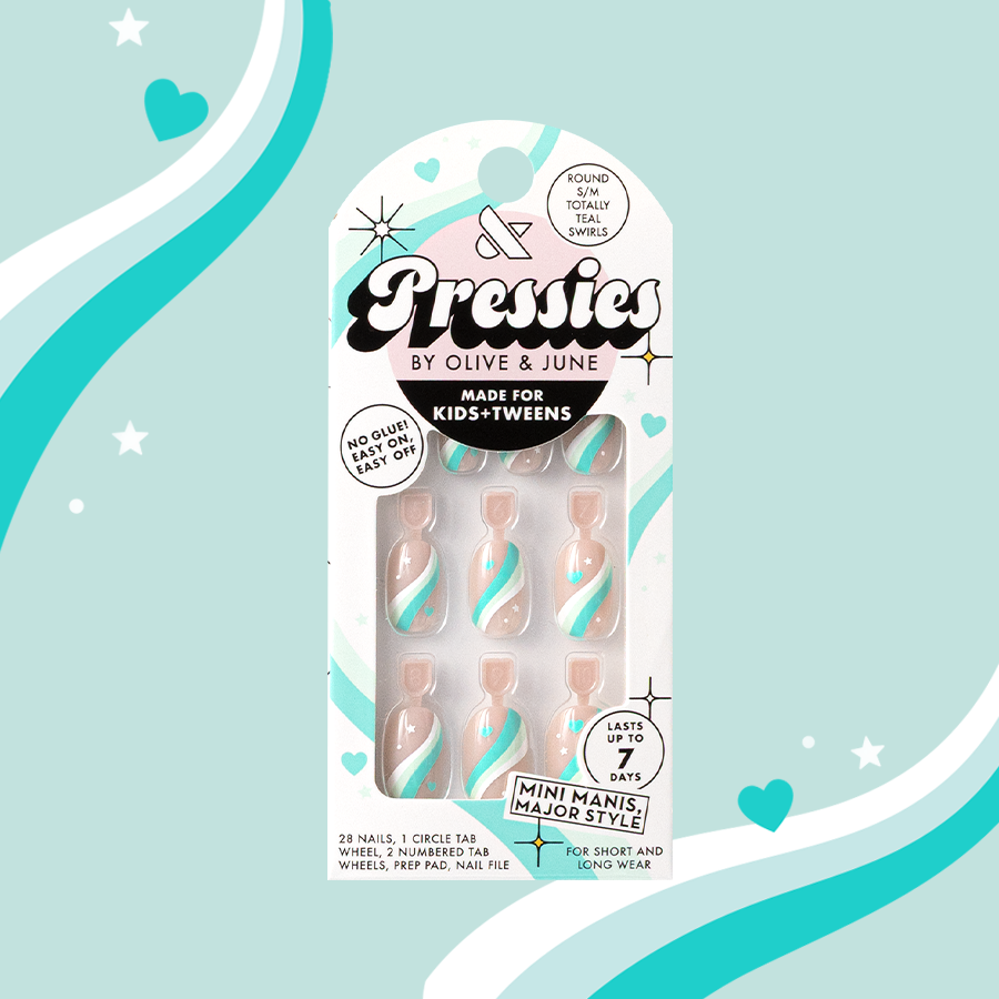 Totally Teal Swirls - Pressies | Short Medium | Round showing teal and white swirled press-on nails with mini stars and hearts design for kids mani