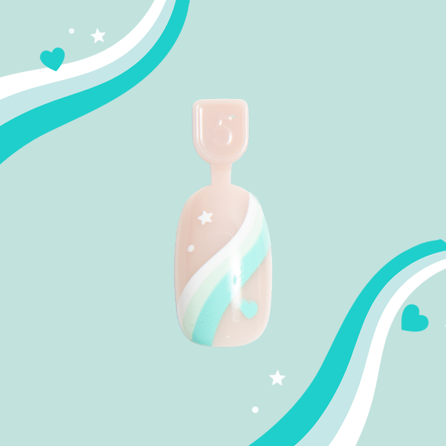Totally Teal Swirls - Pressies | Short Medium | Round showing a single false nail with teal and white swirls and mini stars and hearts design