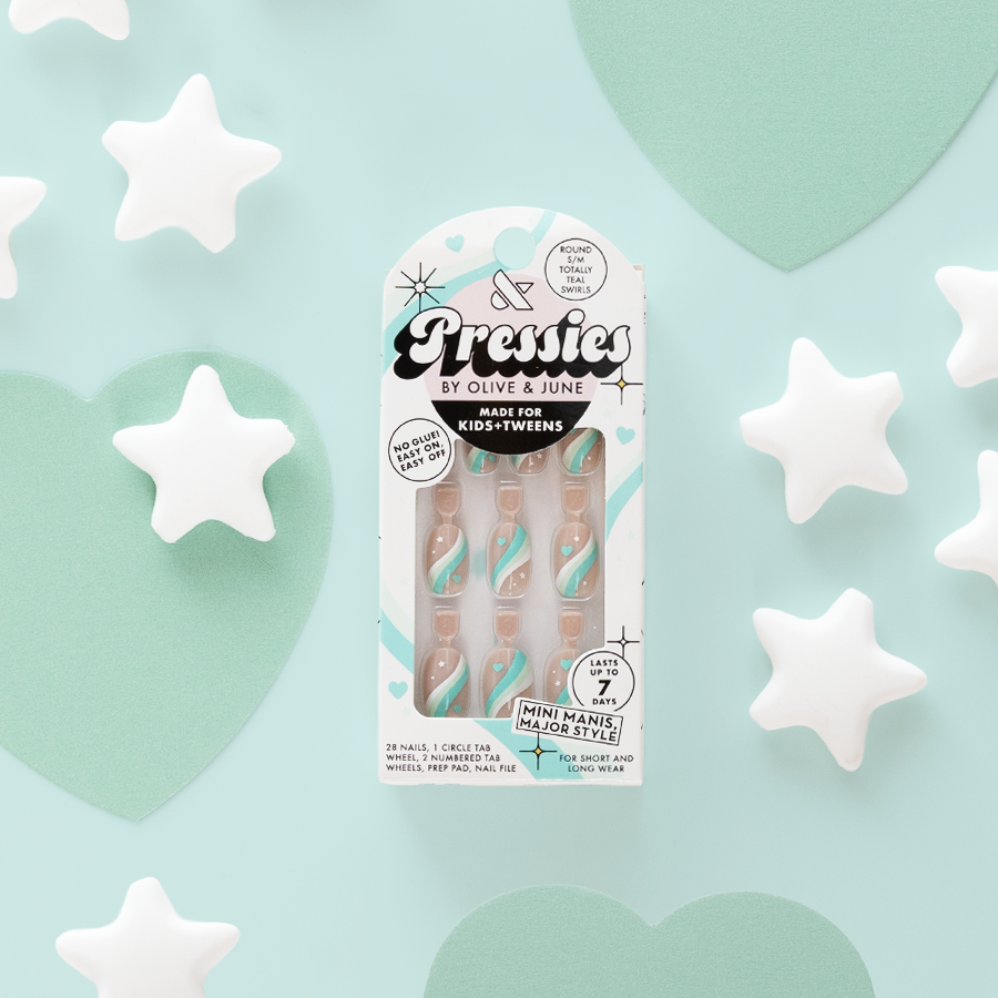 Totally Teal Swirls - Pressies | Short Medium | Round showing teal and white swirled press-on nails with stars and hearts design for kids mani