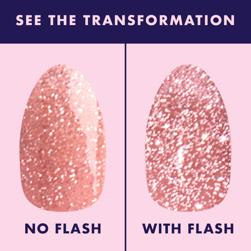 Sparkly Pink Drink Gel showing blush pink gel polish swatch with and without flash for mani transformation