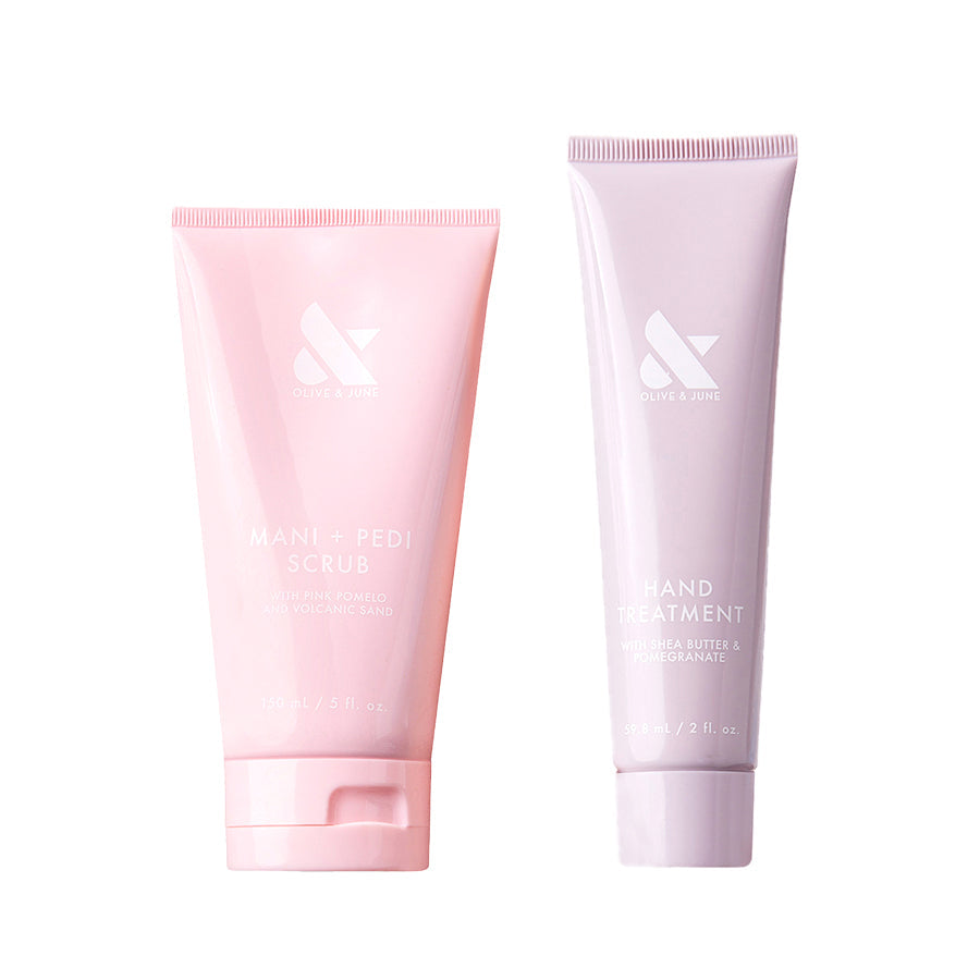 Hand Treatment Duo - Loyalty Reward set with mani+pedi scrub and moisturizing hand treatment tubes side by side