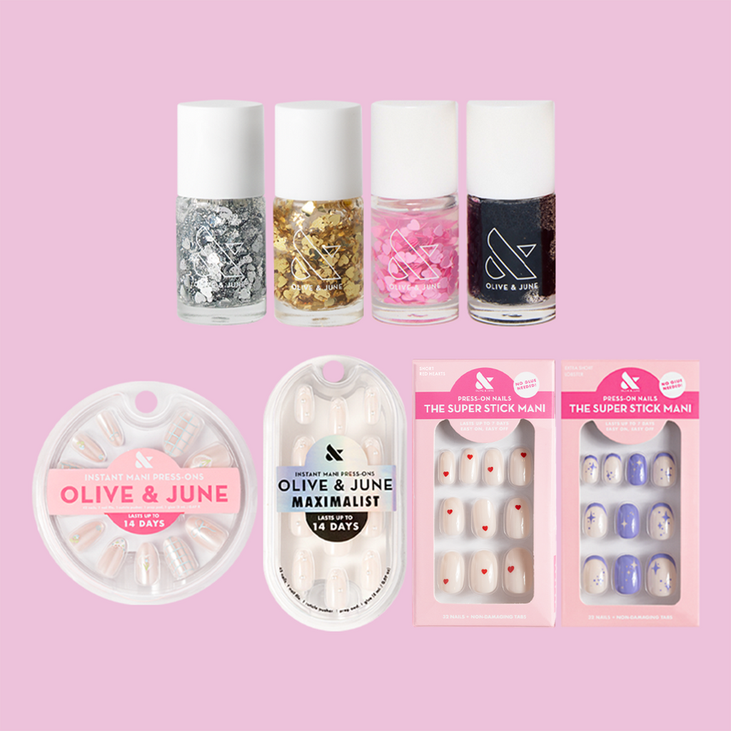 Valentine’s Day Polish & Press-On Set featuring glitter polishes and multiple press-on nail styles for easy at-home manicures