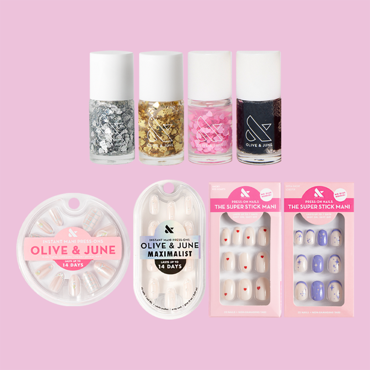Valentine’s Day Polish & Press-On Set featuring glitter polishes and multiple press-on nail styles for easy at-home manicures