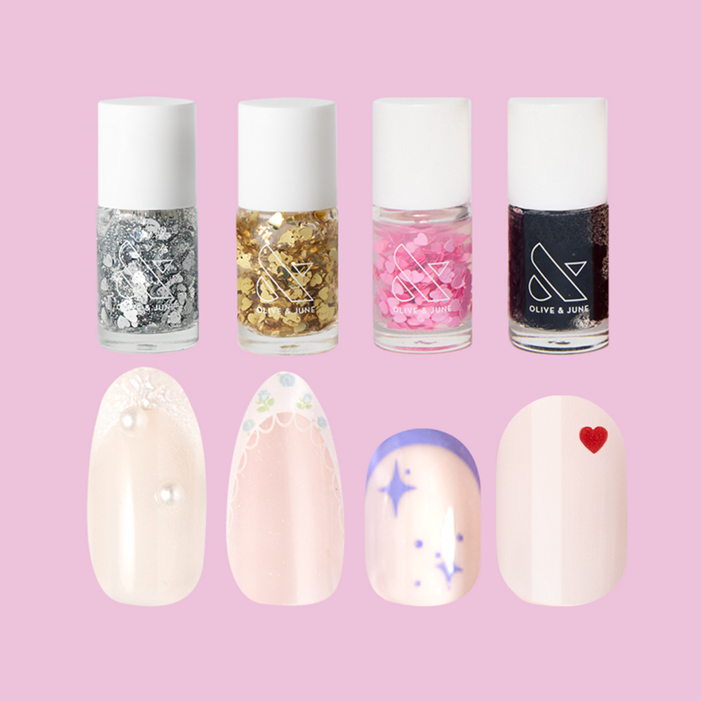 Valentine’s Day Polish & Press-On Set with four sequin polishes and four delicate nail designs for easy at-home manicure