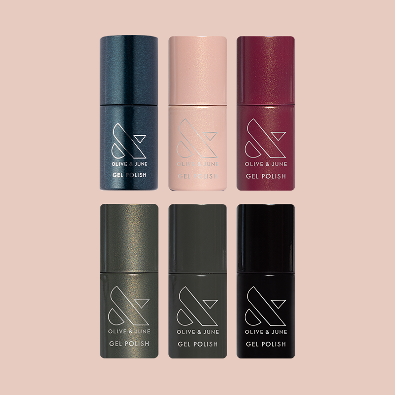 Winter Gel System 2025 showing six gel polish bottles in rich seasonal shades for at-home mani use