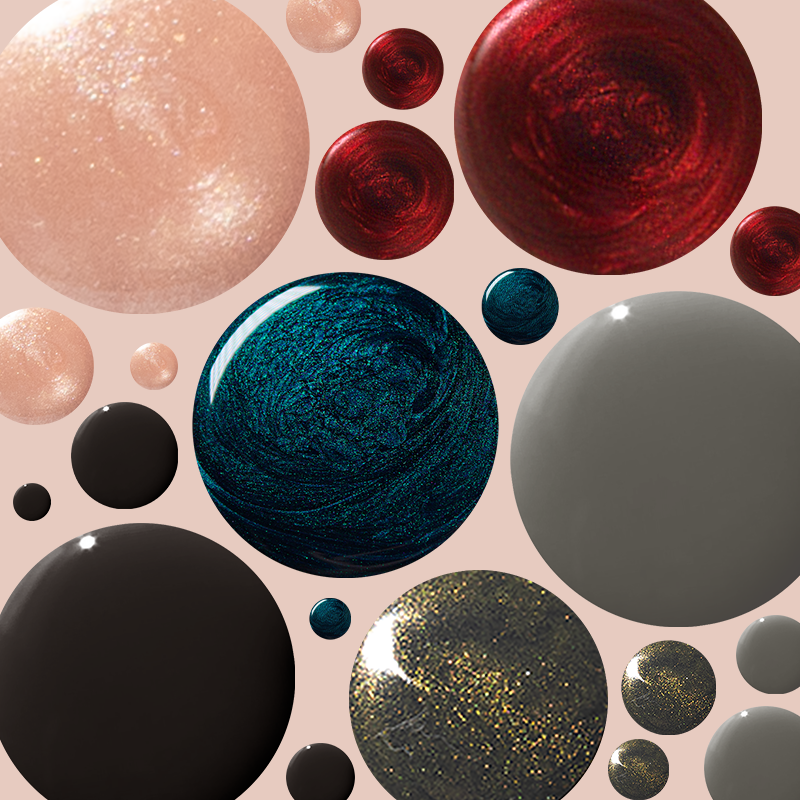 Winter Gel System 2025 showing close-up polish drops in six rich and shimmering gel colors for at-home manicure use