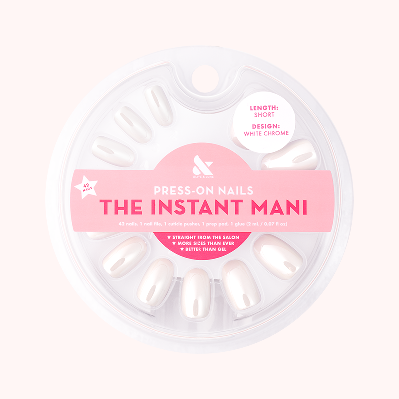 White Chrome - Press-On | Short | Round showing short round press-on nails with shiny white chrome manicure in packaging