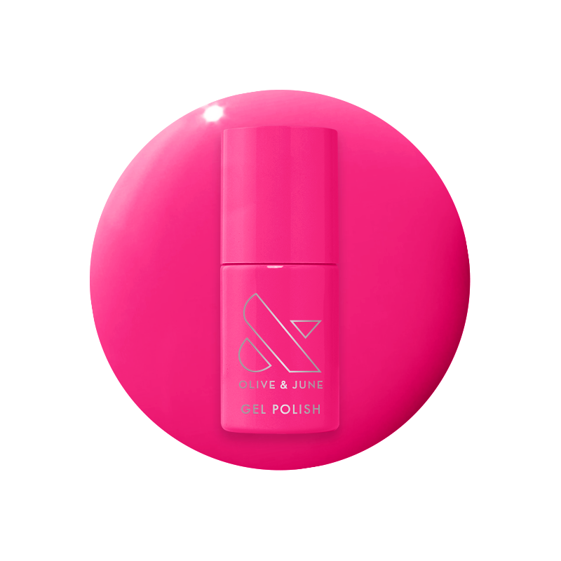 Bottle of Wild Orchid - Gel nail polish in bold magenta purple shade on matching color background for mani use