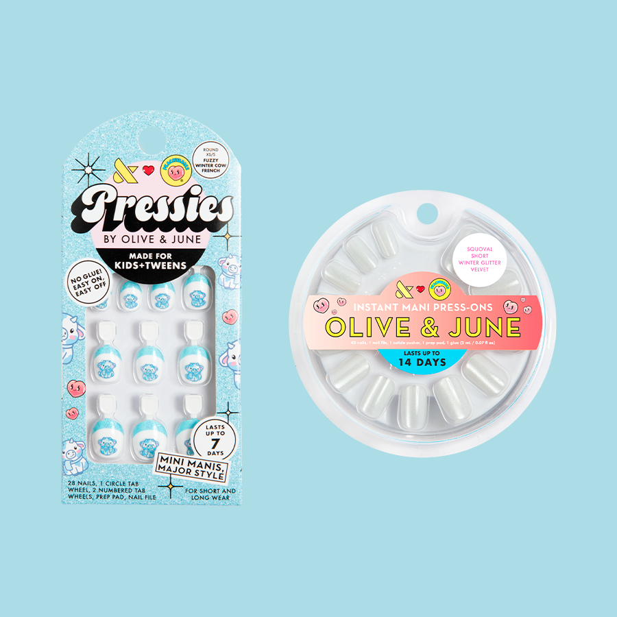 Winter Cow Set with kids and adult press-on nails featuring winter cow designs for easy at-home manicures