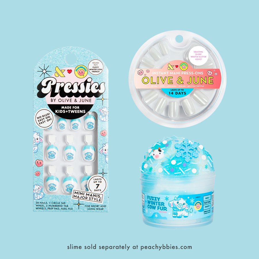 Winter Cow Set featuring kids and adult press-on nails with winter cow designs and matching blue slime container