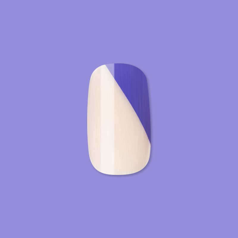 Asymmetrical French | Short | Squoval - Tab Press-On nail with diagonal indigo tip on neutral base against purple background