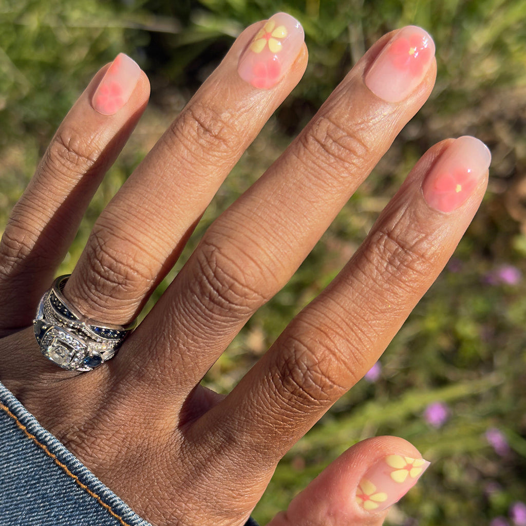 Blooming Floral - Press-On | Short | Squoval sheer short squoval nails with soft blooming floral designs for easy at-home mani