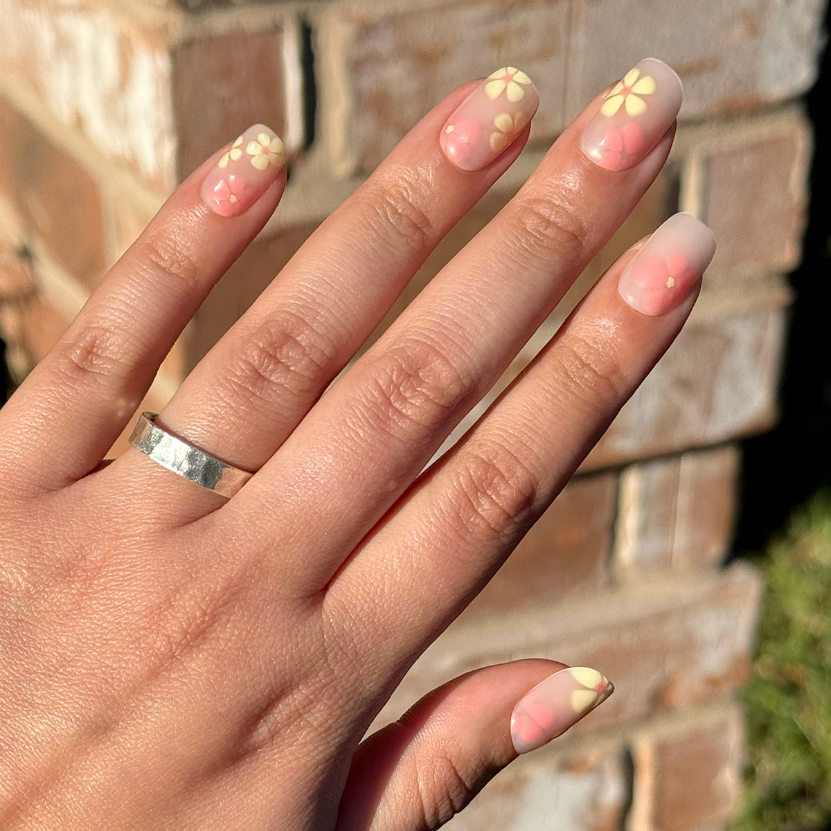 Blooming Floral - Press-On | Short | Squoval sheer neutral nails with soft yellow floral accents for easy at-home manicure