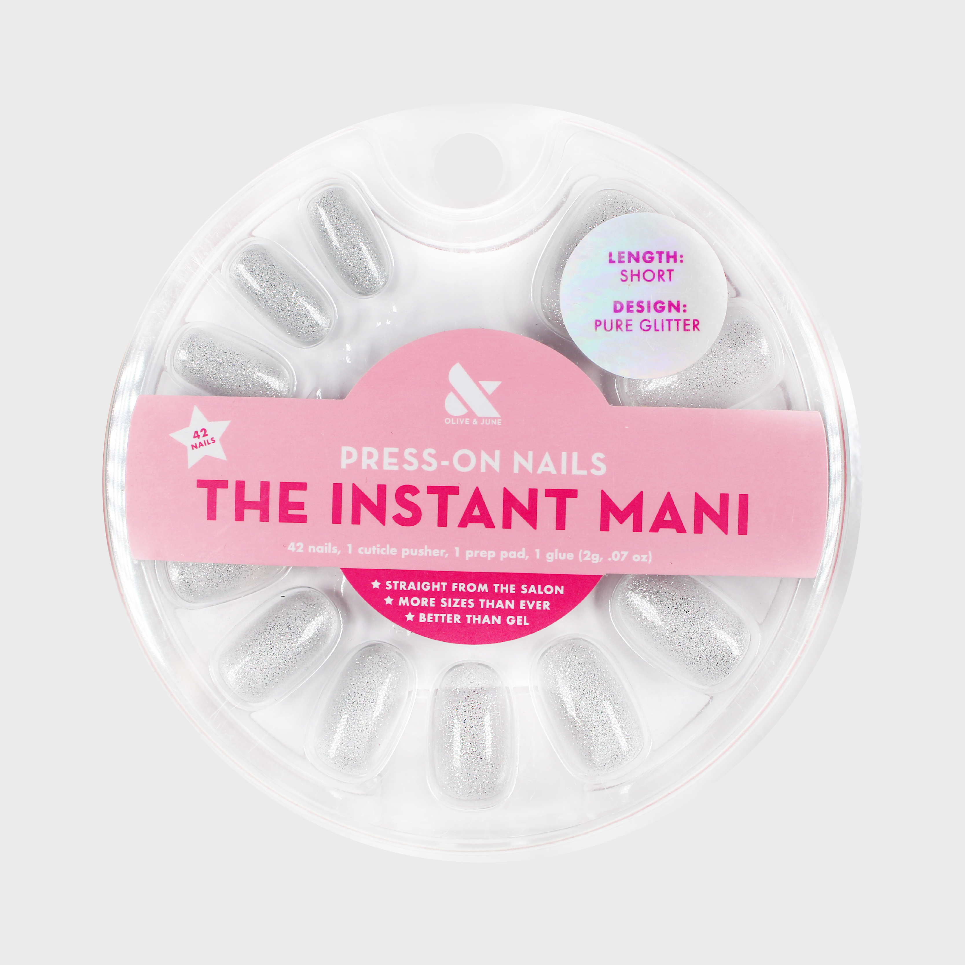 Pure Glitter - Press-On | Short | Round showing short round false nails with silver glitter in a clear base for quick mani.