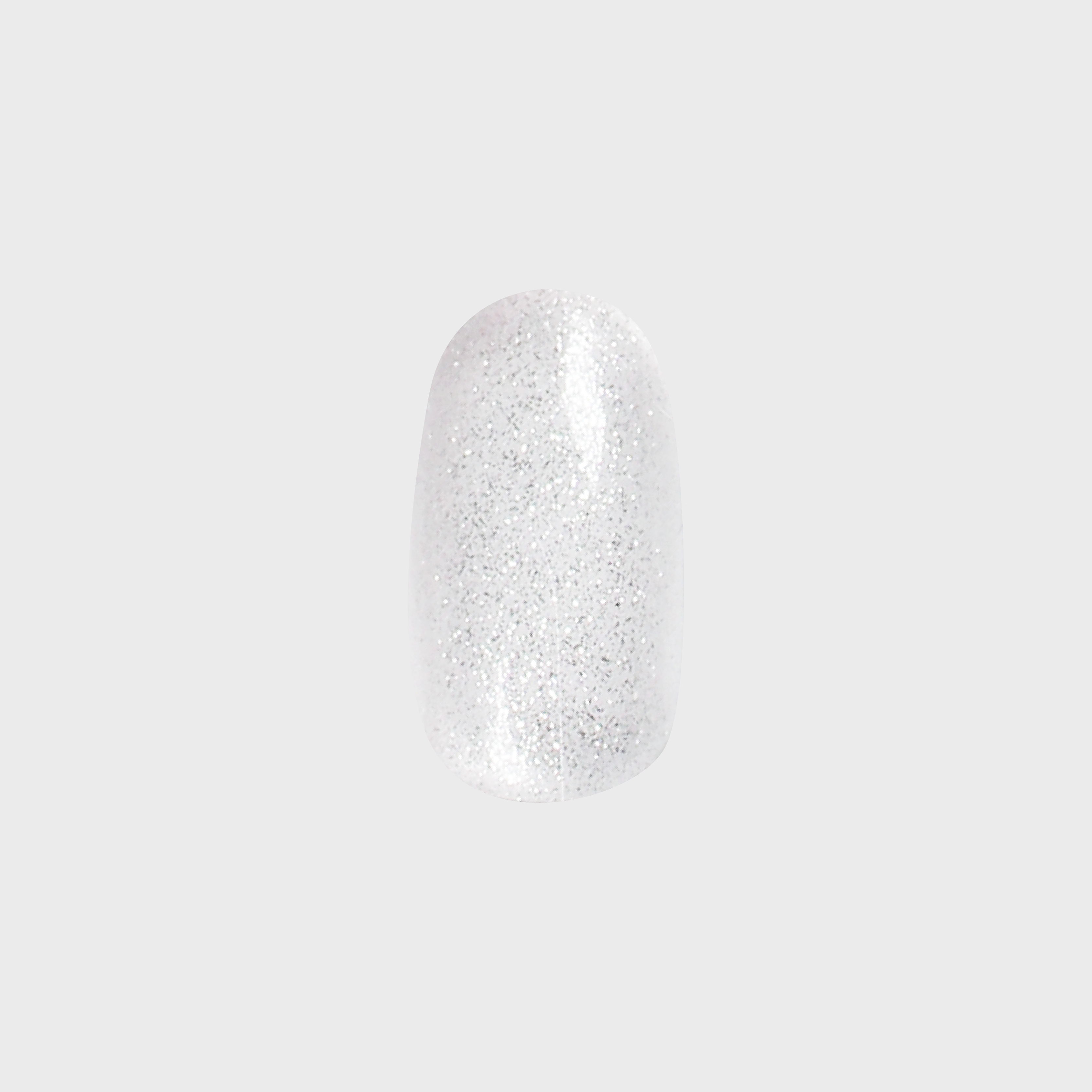 Pure Glitter - Press-On | Short | Round showing a single short round false nail with silver glitter in a clear base for quick mani