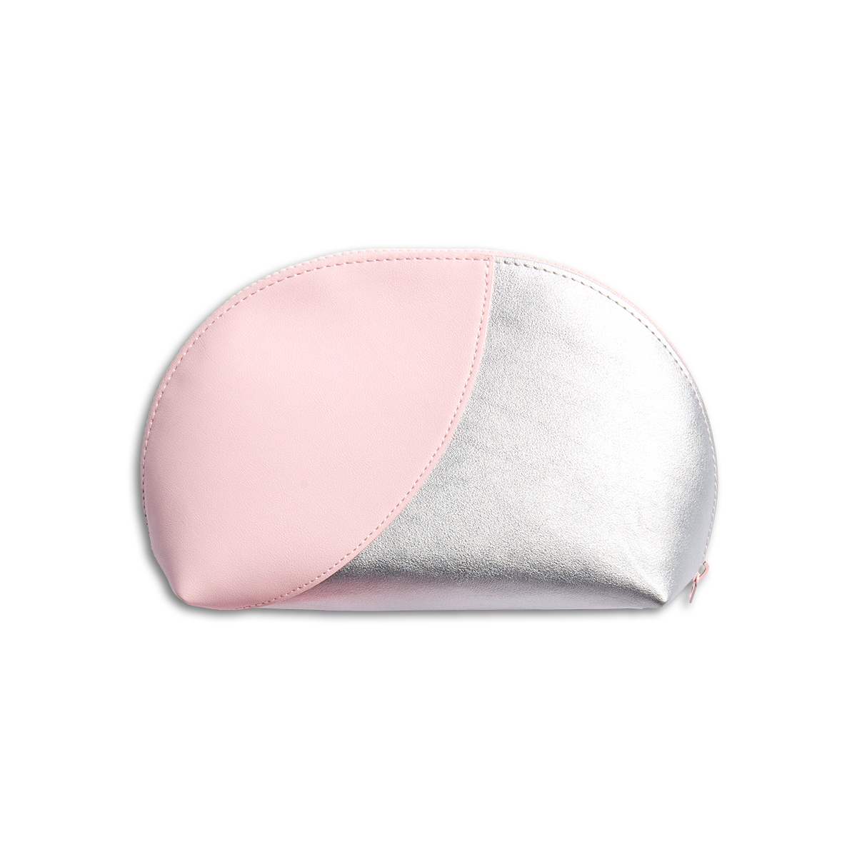 Travel Pouch in curved pastel pink and silver vegan leather, shown flat on white background for mani storage