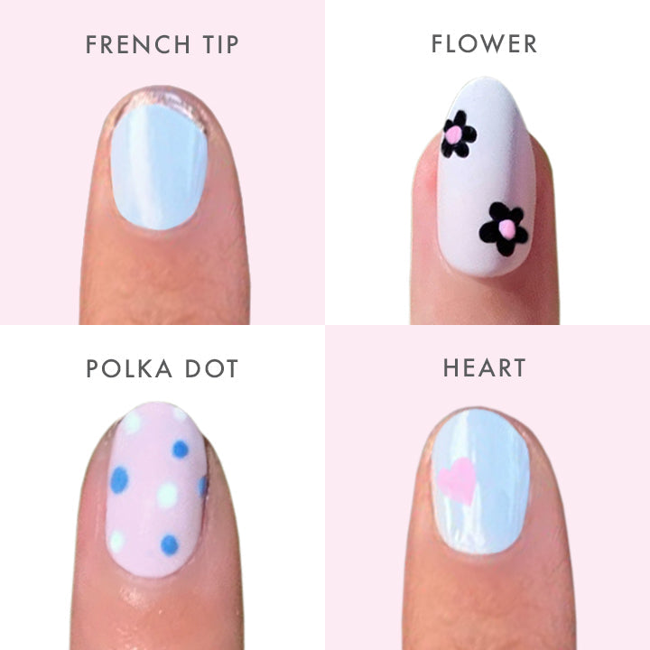Four nail designs showing French tip, flower, polka dot, and heart created with Nail Art Pens by Olive and June
