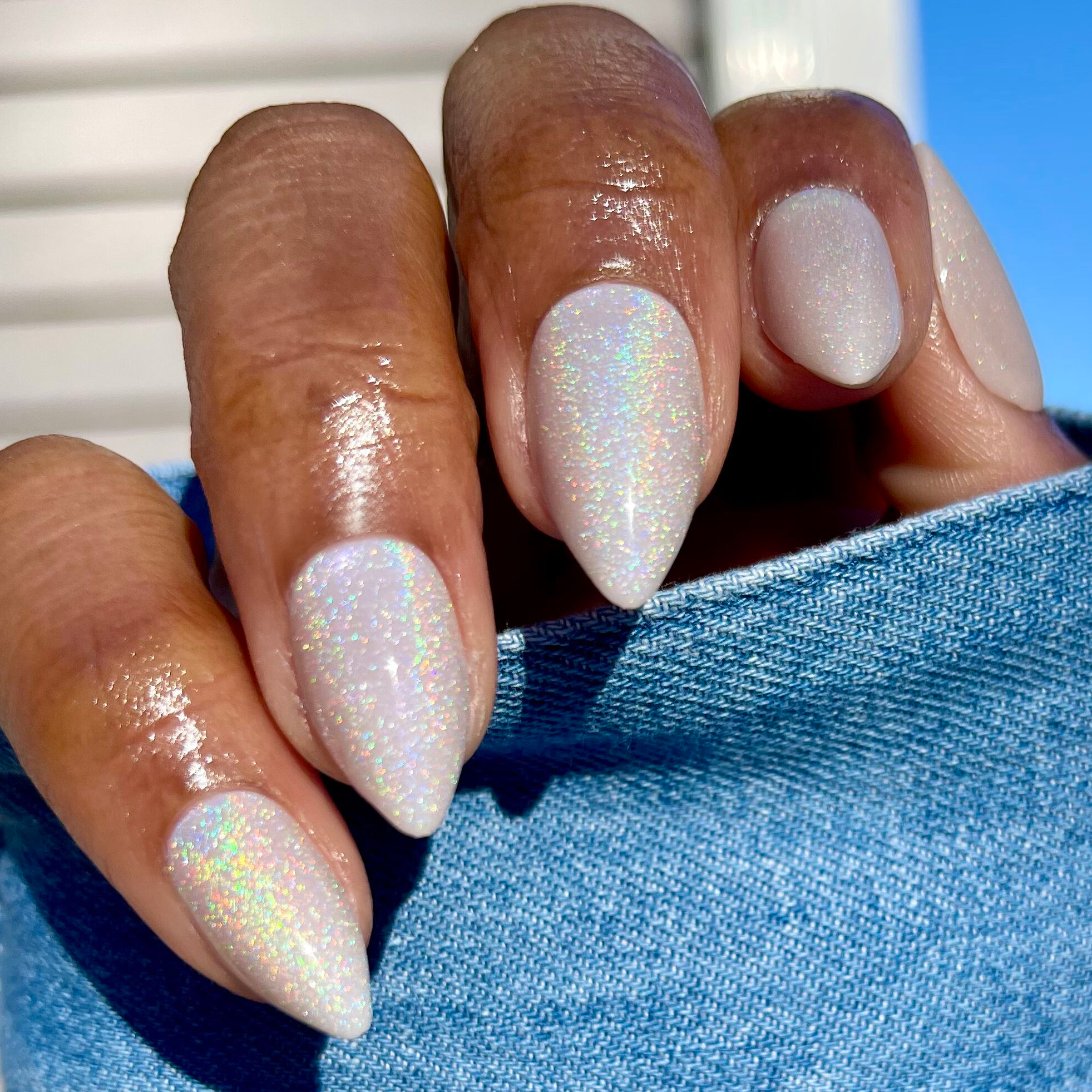 Neutral Iridescent Velvet - Press-On | Medium | Stiletto nails with shimmering velvet finish on hand outdoors in sunlight
