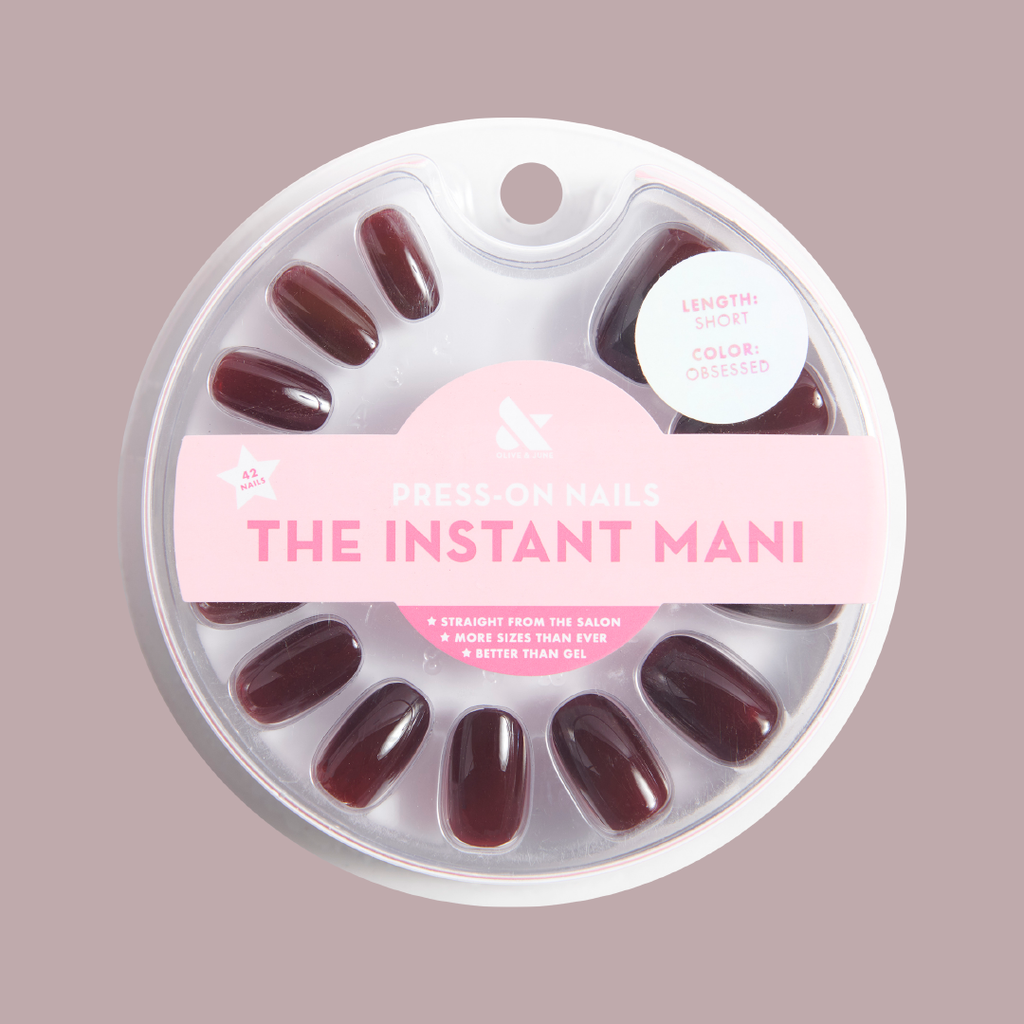 Obsessed | Round | Short press-on nails in deep ruby red for a quick and polished at-home manicure by Olive and June