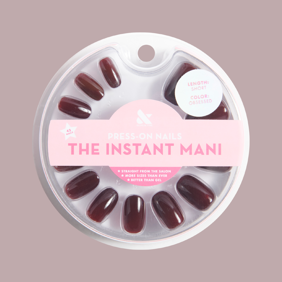 Obsessed | Round | Short press-on nails in deep ruby red for a quick and polished at-home manicure by Olive and June