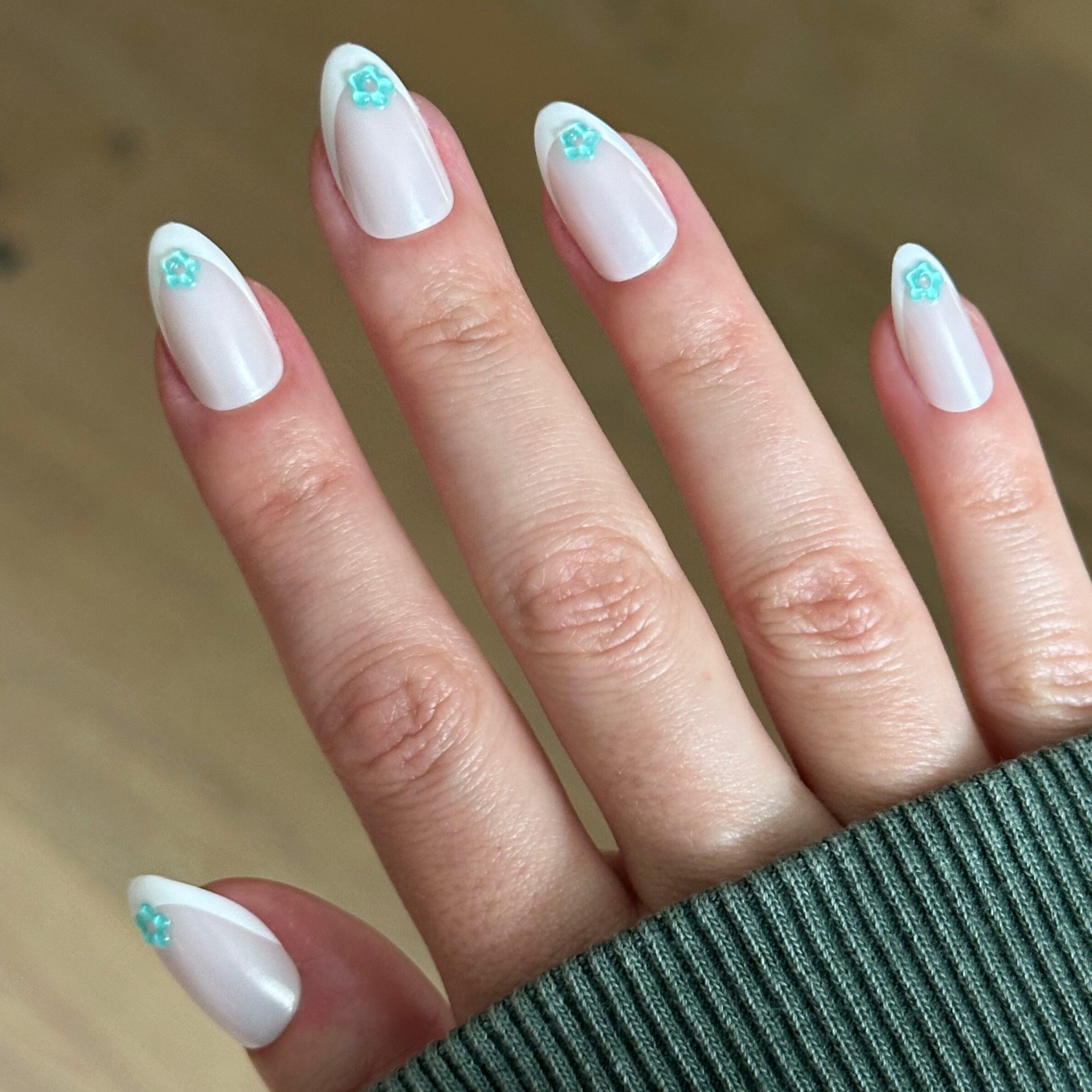 Puffy Flower Chrome French - Press-On | Medium | Almond nails with delicate blue bubble flower detail for easy at-home mani