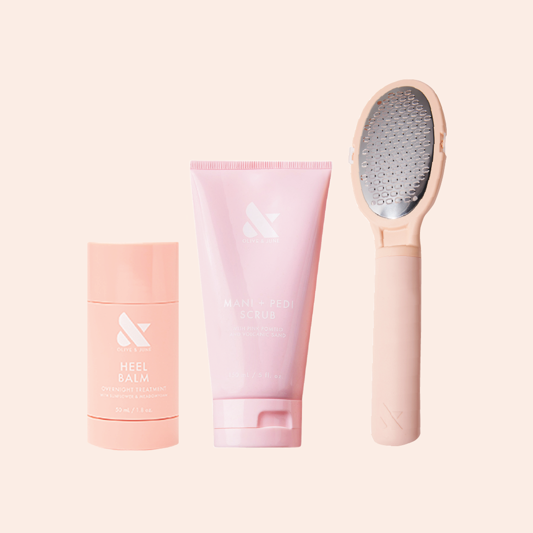 The Foot Spa Set with regenerating scrub, smoothing foot file, and nourishing heel balm for soft feet care at home