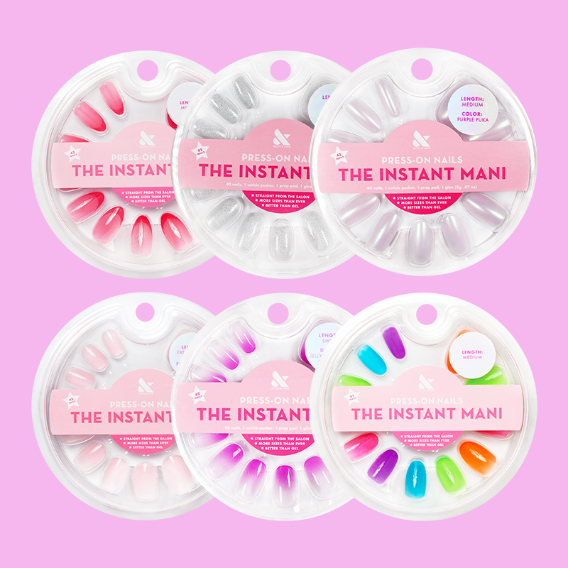 Sugar Jelly Set showing six colorful jelly and shimmer press-on nail kits in medium shapes for quick at-home mani
