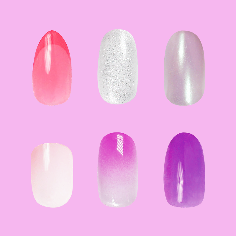 Sugar Jelly Set showing six colorful jelly and shimmer press-on false nails in medium almond shape on pink background