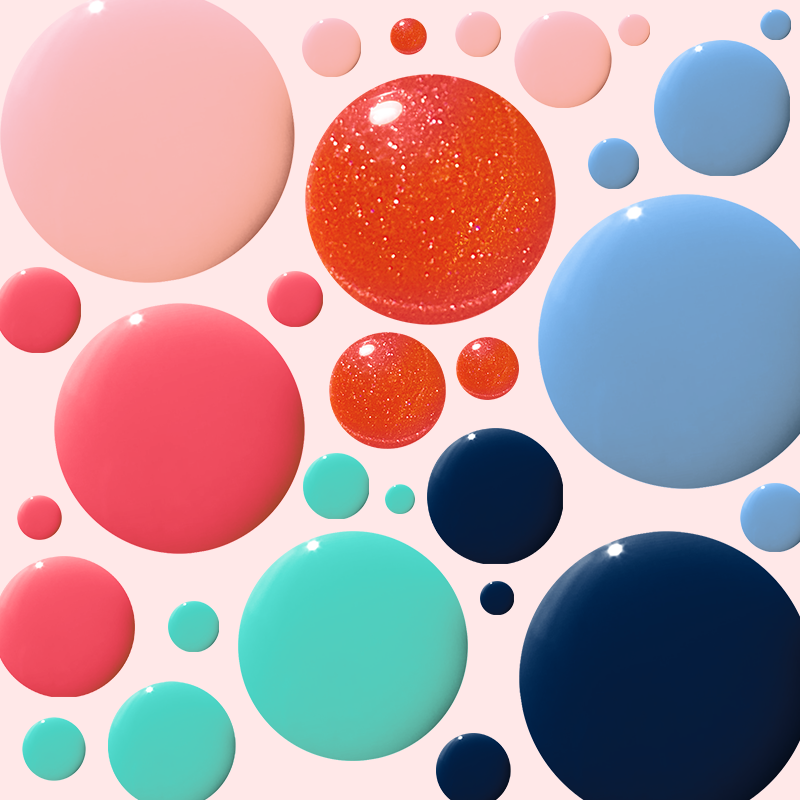 Various nail polish drops in coral, pink, blue, and teal shades from the Summer Polish Set by Olive and June on a pale background