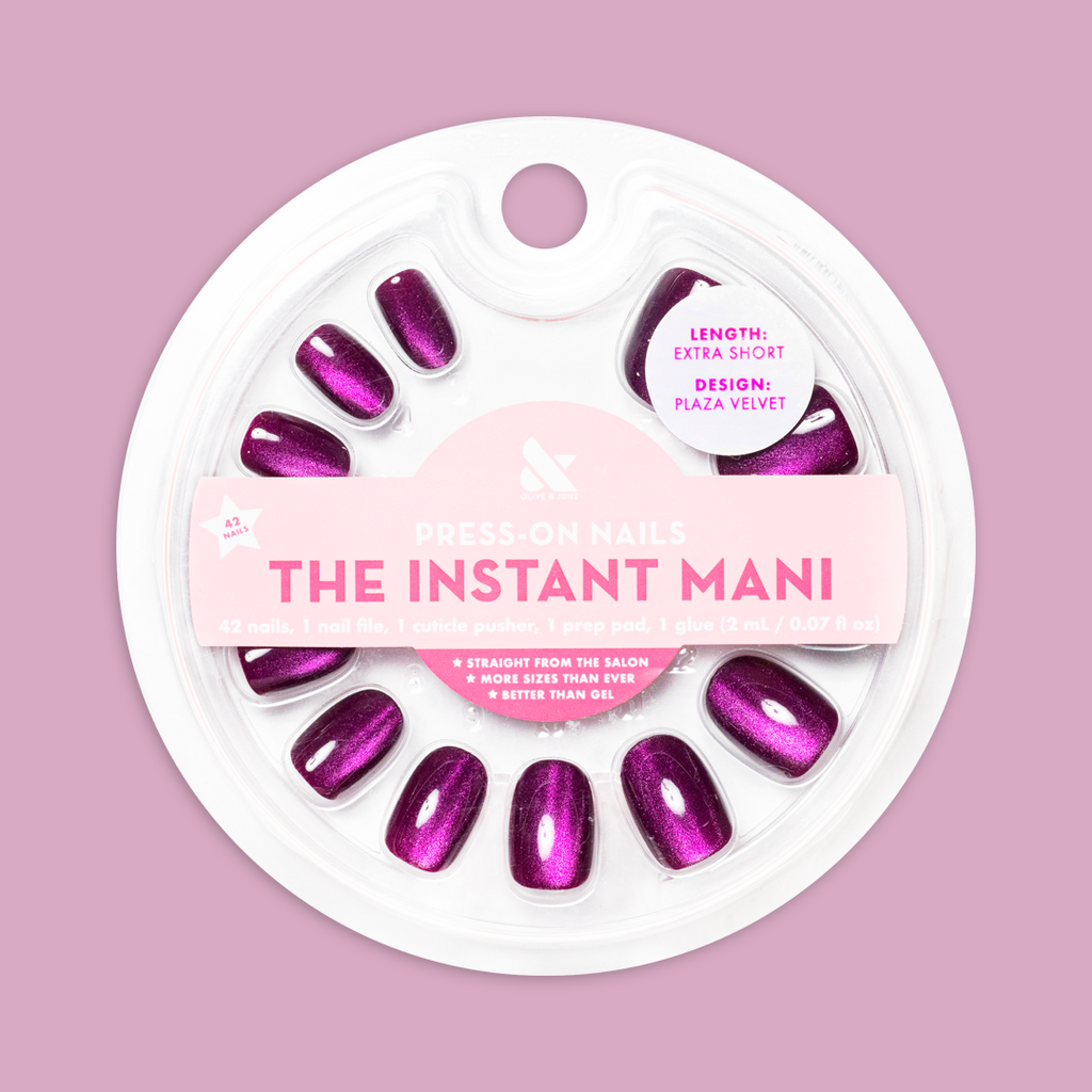 Velvet Plaza - Press-On | Extra Short | Round deep mulberry chrome velvet mani nails in round shape in clear packaging