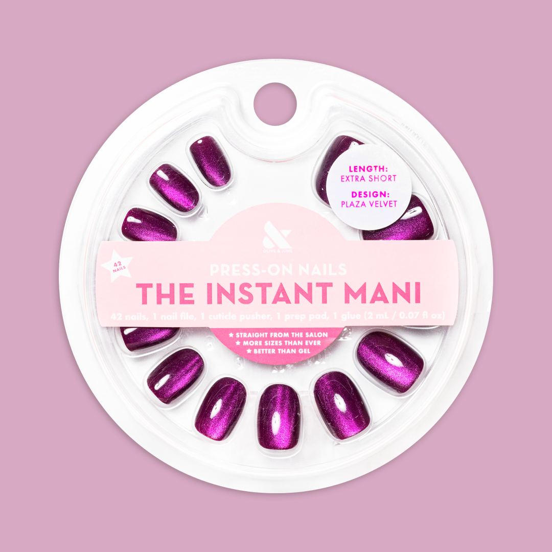 Velvet Plaza - Press-On | Extra Short | Round deep mulberry chrome velvet mani nails in round shape in clear packaging